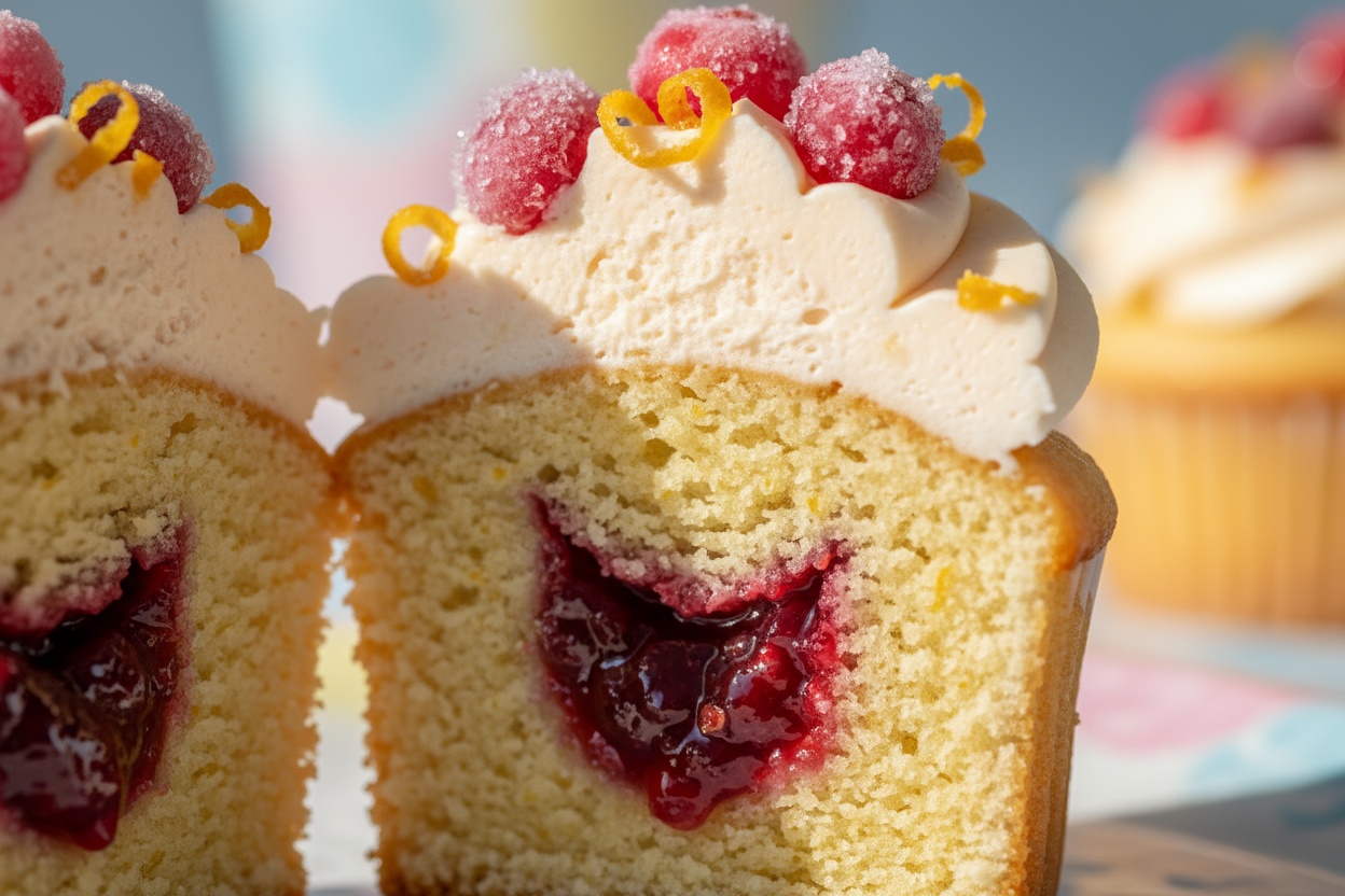Cranberry Orange Sparkle – cupcake cut in half, ruby cranberry compote filling